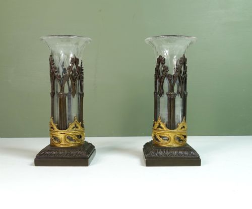 Pair of Regency Glass, Bronze & Ormolu Spill Vases