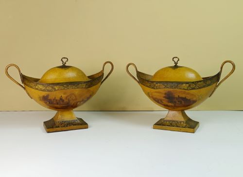 Pair of Early 19th C Tole Vases & Covers