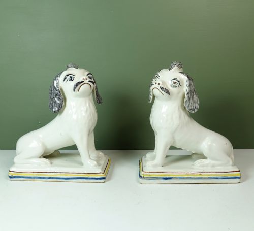 Pair of 18th C Tin Glaze Dogs