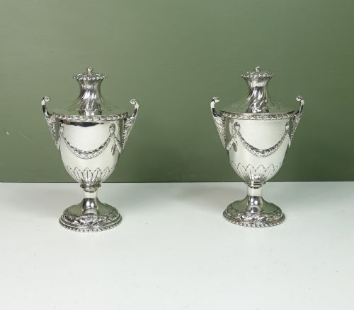 Pair of Solid Silver Vases & Covers