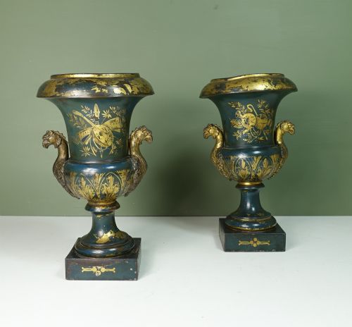 Pair of 19th C Green Tole Vases