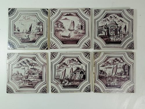 Set of Six 18th C Delft Manganese Tiles