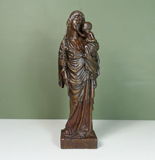 19th C Carved Walnut Figure of Madonna & Child