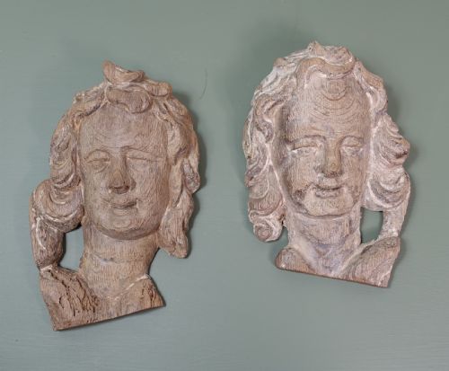 Pair of Carved Oak Heads 1700