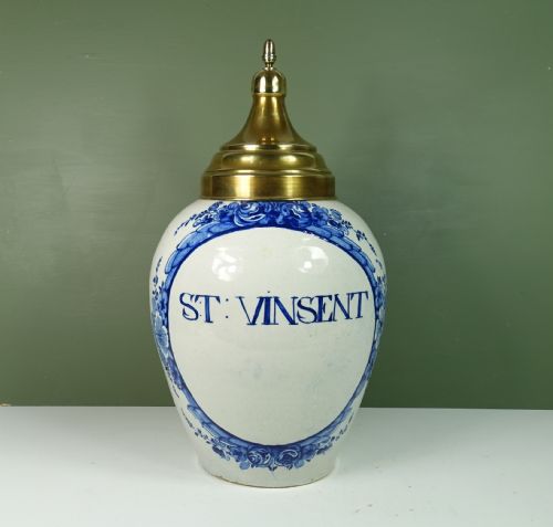 18th C Delft Tobacco Jar 'St Vinsent'
