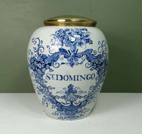 18th C Delft Tobacco Jar 'St Domingo'