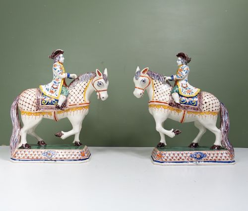 Pair of 18th C Delft Polychrome Horses & Riders