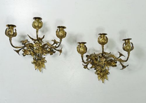 Pair of 19th C Gilt Brass Wall Sconces