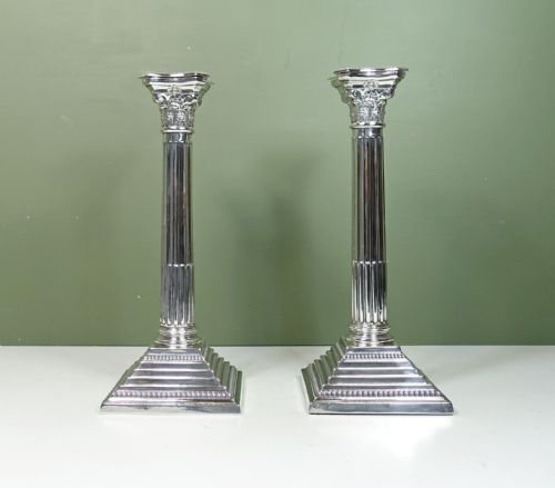 Pair of Silver Corinthian Column Candlesticks