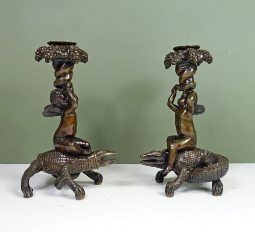Pair of Regency Bronze Candlesticks of Cherubs on Crocodiles