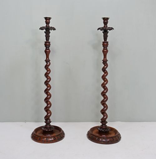 Very Tall 19th C Walnut Candlesticks with Makers Label