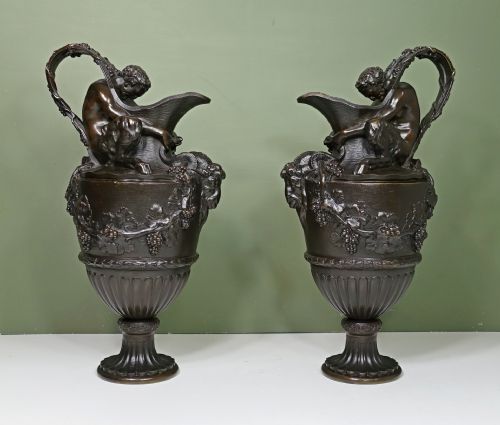 Large Pair of 19th C Bronze Ewers