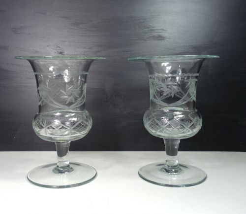 Pair of 19th C Engraved & Cut Glass Vases