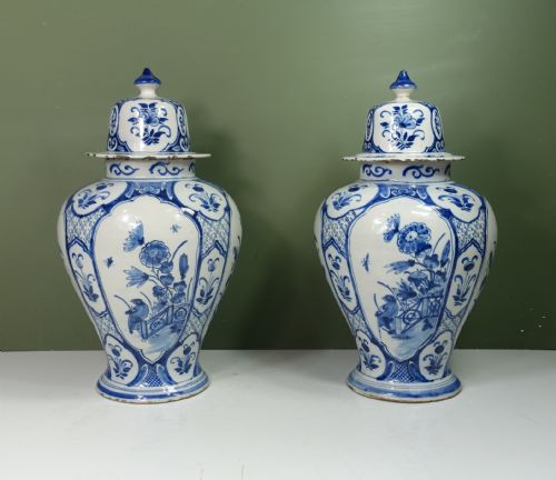 Pair of 18th C Delft Vases & Covers