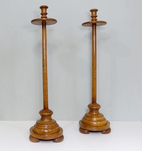 Tall Pair of 19th C Oak Candlesticks
