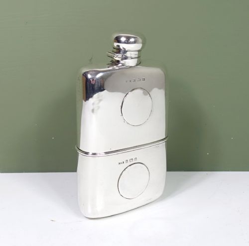 Large Solid Silver Hip Flask with Cup