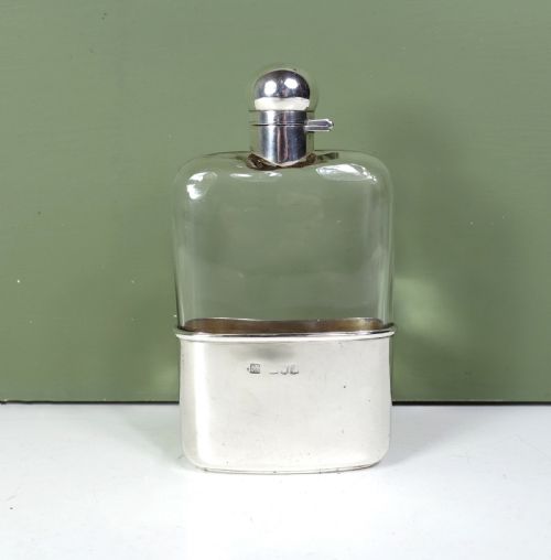 19th C Silver & Glass Hip Flask