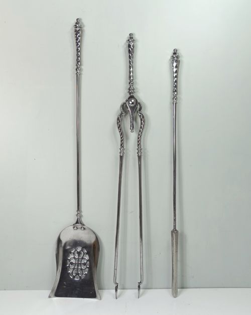 Set of Large 18th C Burnished Steel Fire Tools