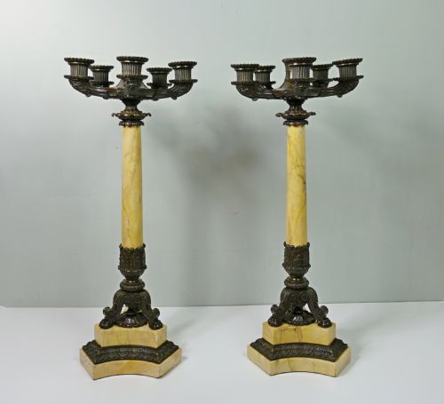 Pair of Early 19th C Bronze & Sienna Marble Candelabra