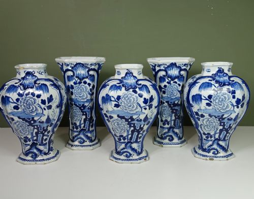 Set of Five 18th C Delft Vases