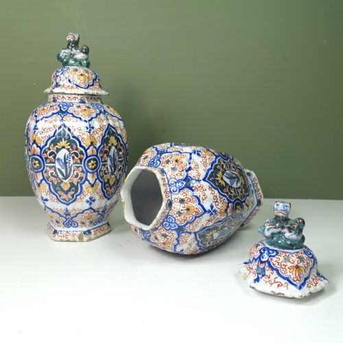 Pair of Early 18th C Delft Polychrome Vases & Covers