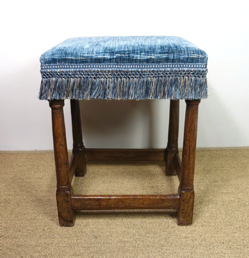 Early 18th C Oak Stool with Silk Velvet Seat
