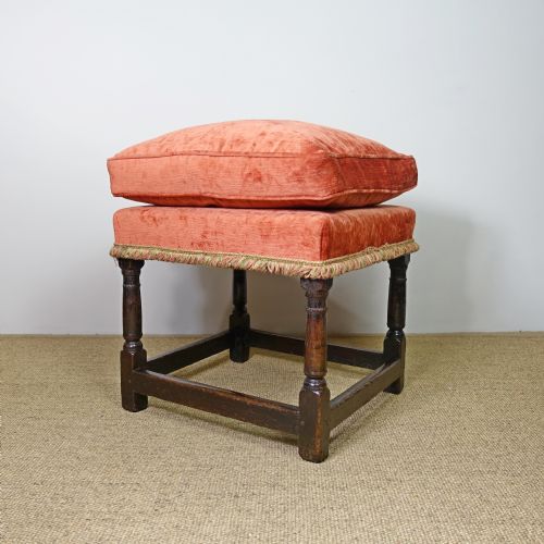 Queen Anne Oak Stool with Velvet Cushion