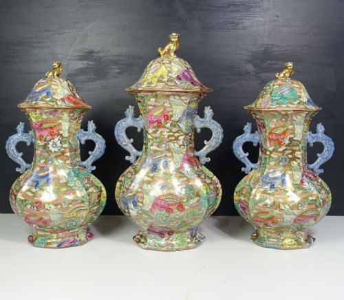 Set of Three Masons Ironstone Vases & Cover