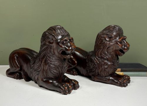 Pair of 19th C Carved Walnut Lions