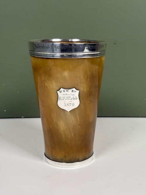 LARGE 19TH C SILVER & HORN BEAKER