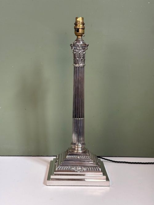 19TH C SILVER PLATED CORINTHIAN COLUMN LAMP