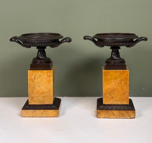 Pair of 19th Bronze & Marble Tazza Vases