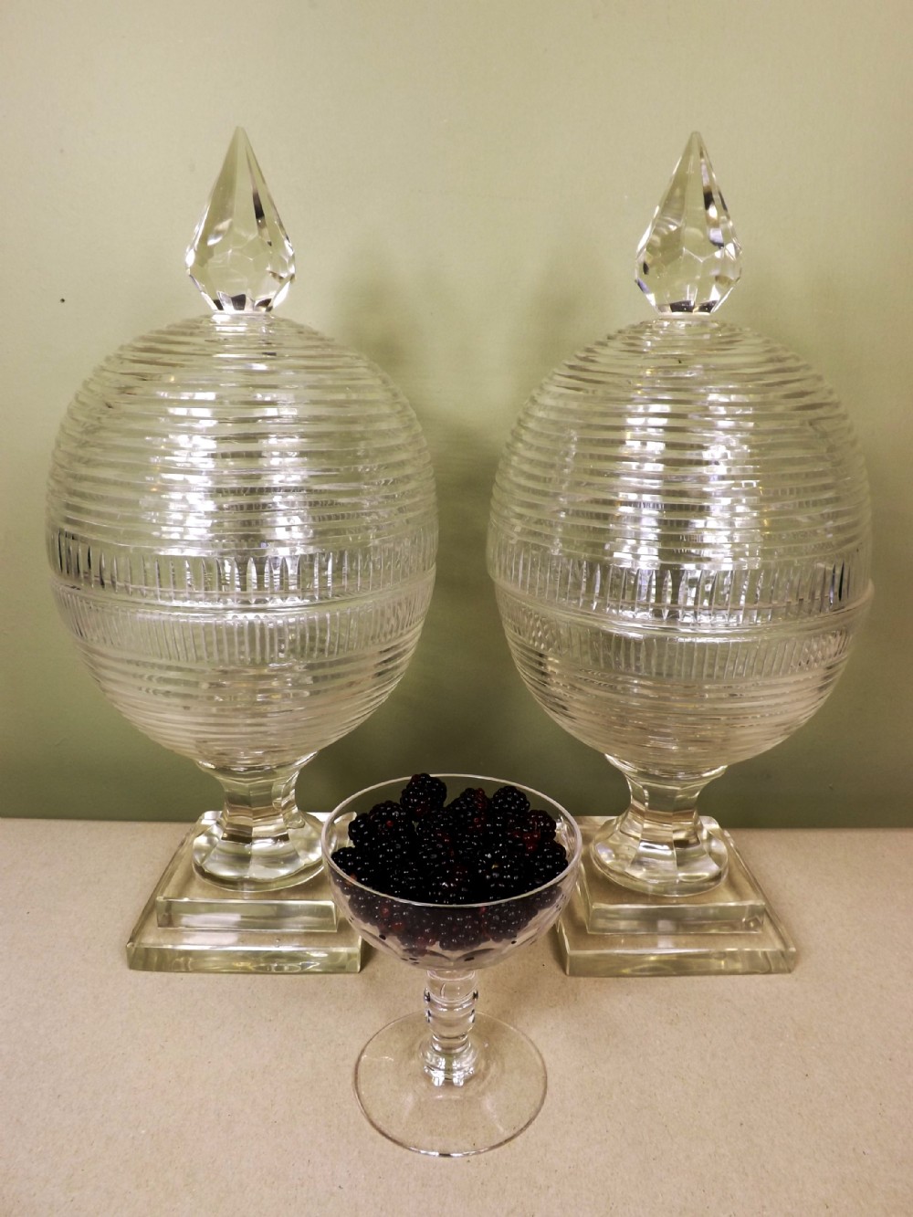 PAIR 19TH C GLASS CUPS WITH COVERS