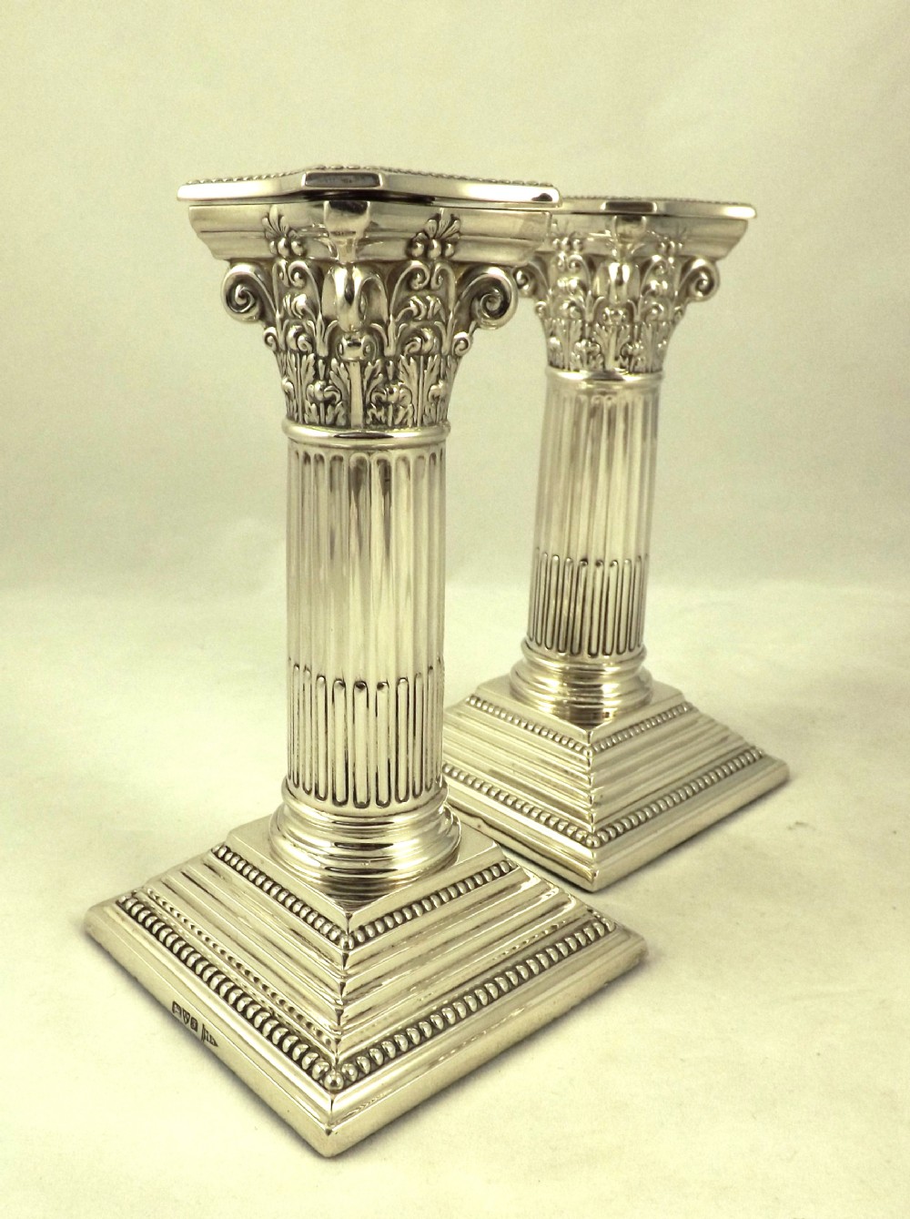 PAIR SILVER CORINTHIAN COLUMN CANDLESTICKS