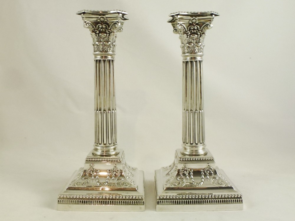 PAIR SILVER CORINTHIAN COLUMN CANDLESTICKS
