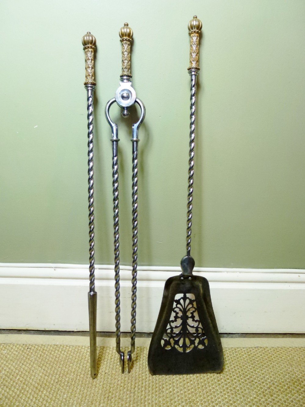 19th C Steel and Brass Fire Tools