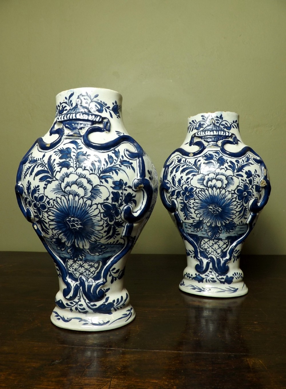 PAIR ANTIQUE 18TH C DELFT VASES
