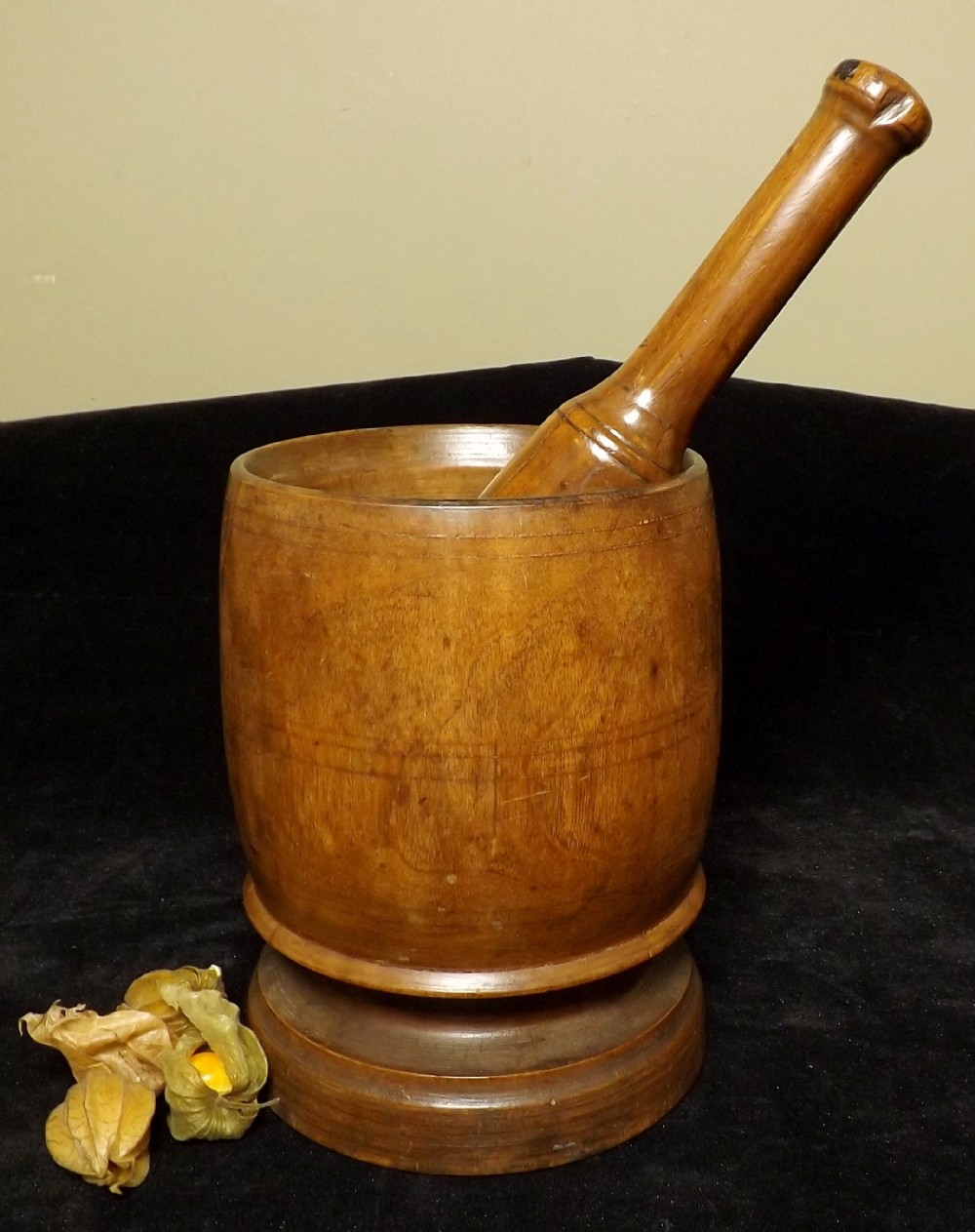 18th C fruitwood mortar & pestel