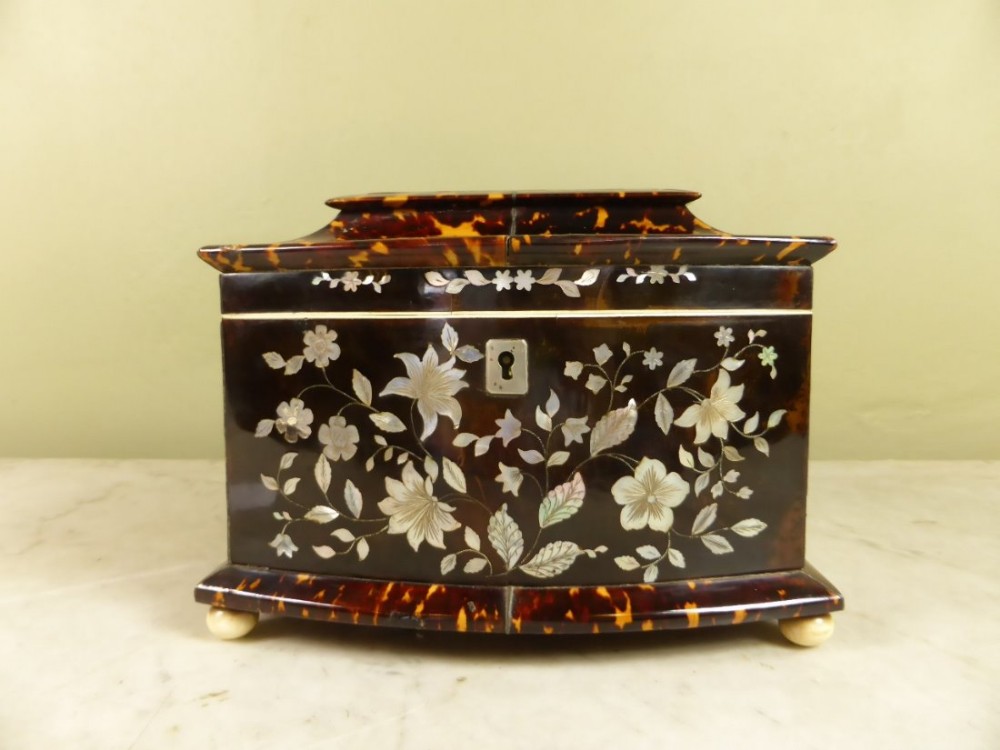 19TH C TORTOISESHELL INLAID TEA CADDY BOX