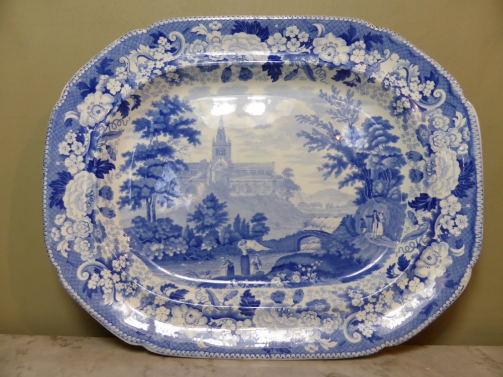 19TH C BLUE & WHITE MEAT PLATE OF GLASGOW CATHEDRAL
