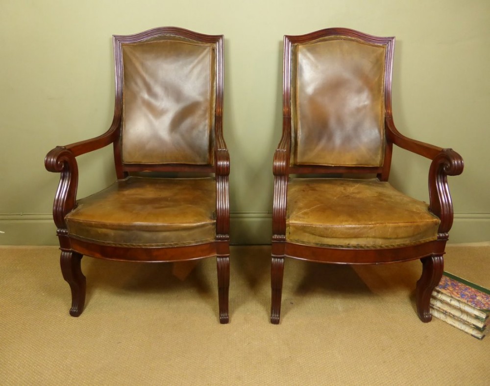 PAIR OF 19TH C LEATHER ARM CHAIRS