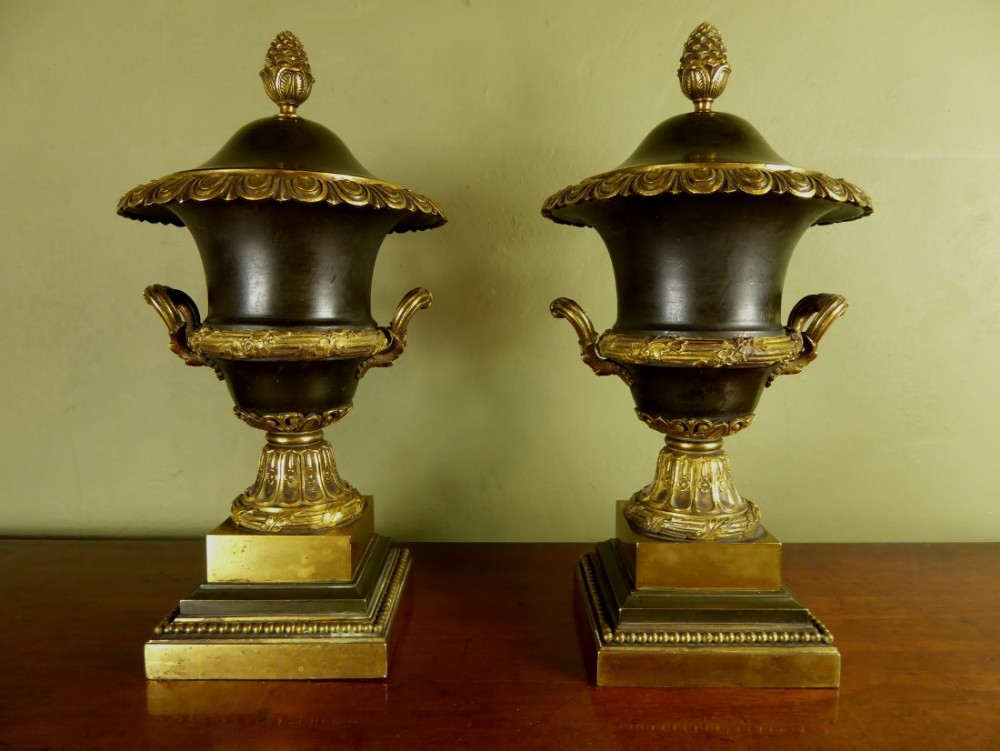 PAIR OF 19TH C BRONZE & ORMOLU VASES