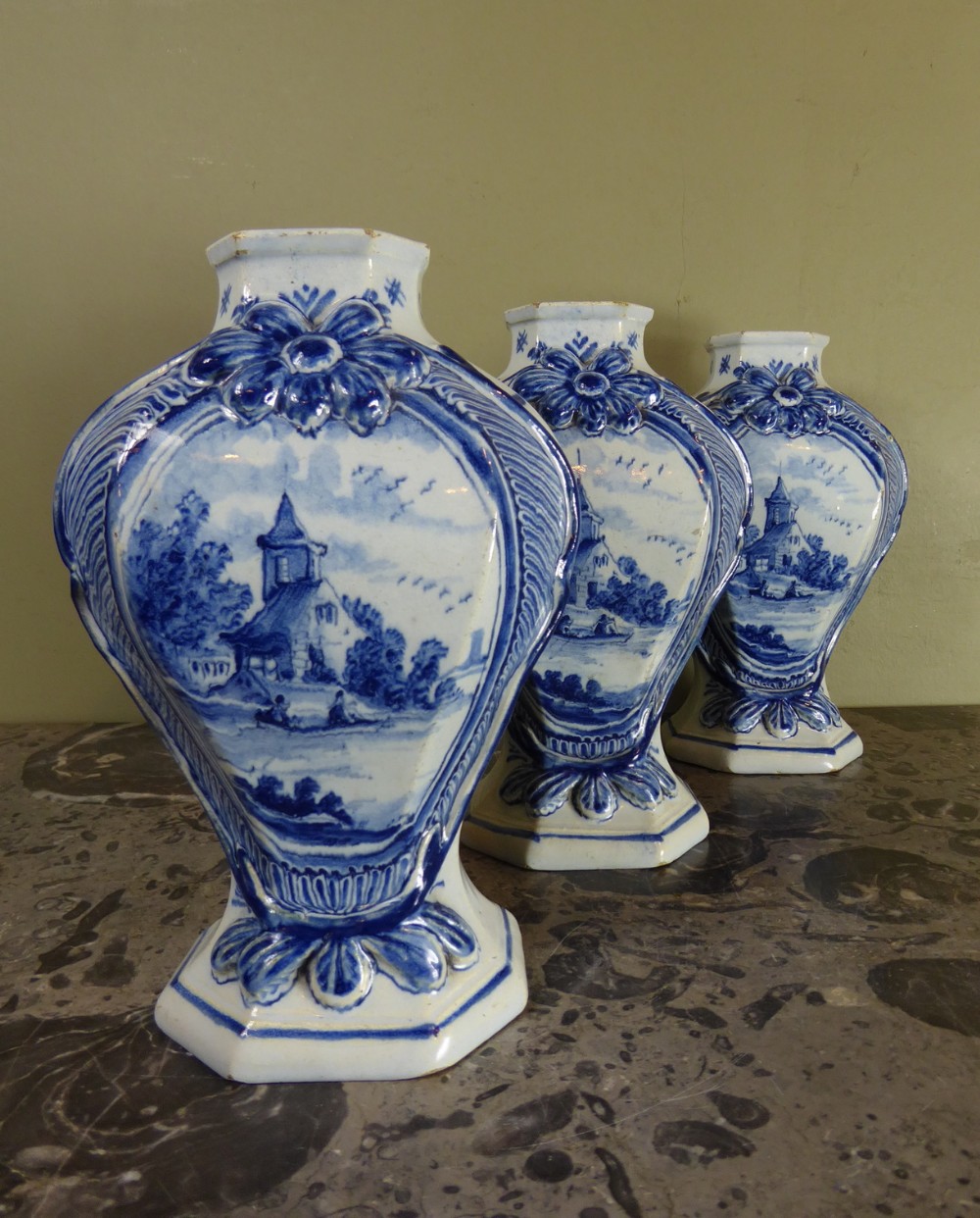 SET OF THREE 18TH  C DELFT VASES
