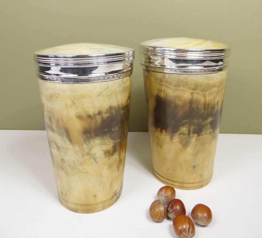 LARGE PAIR OF SILVER & HORN BEAKERS