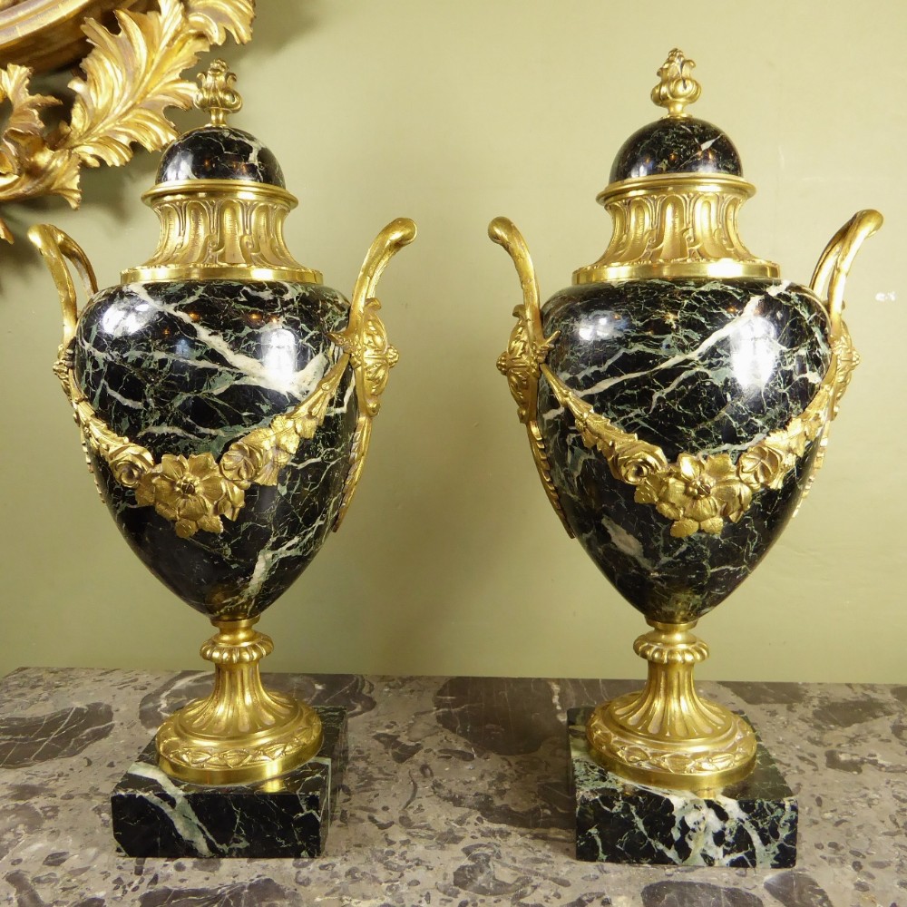 PAIR OF 19TH C MARBLE & ORMOLU MOUNTED VASES
