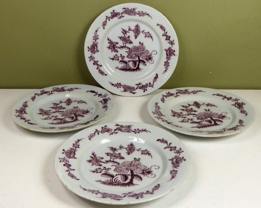 SET OF FOUR 18TH C MANGANESE DELFT PLATES