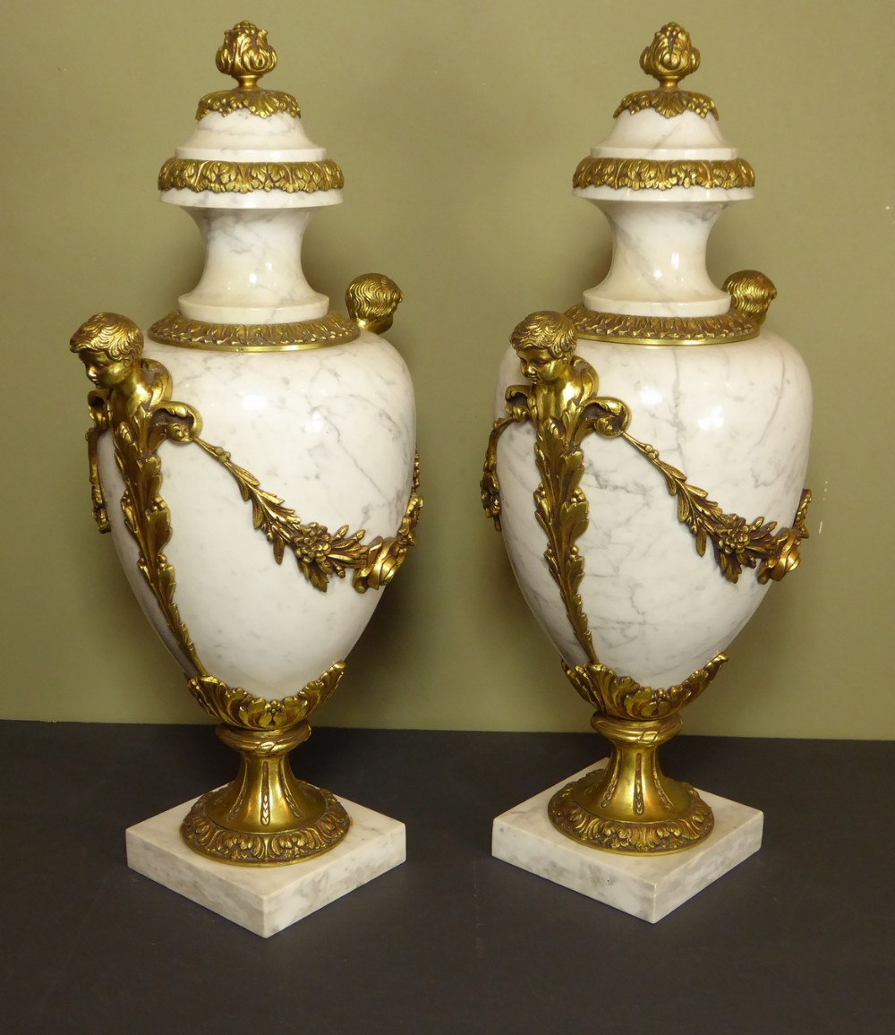 LARGE PAIR OF MARBLE & BRASS CASSOULETTE VASES