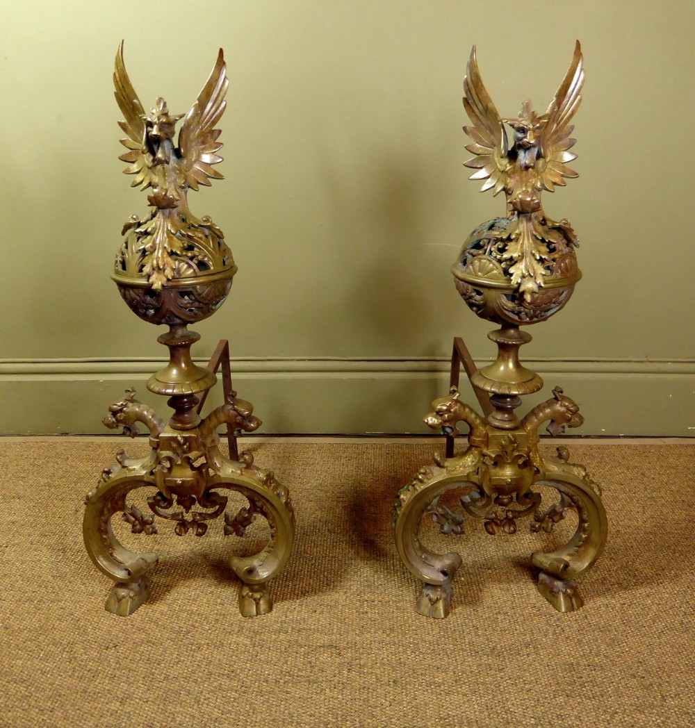 LARGE PAIR OF 19TH C BRASS FIRE DOGS