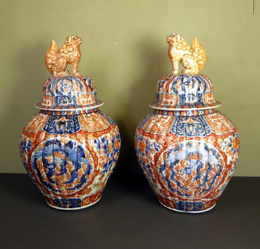 LARGE PAIR OF 19TH C IMARI VASES & COVERS