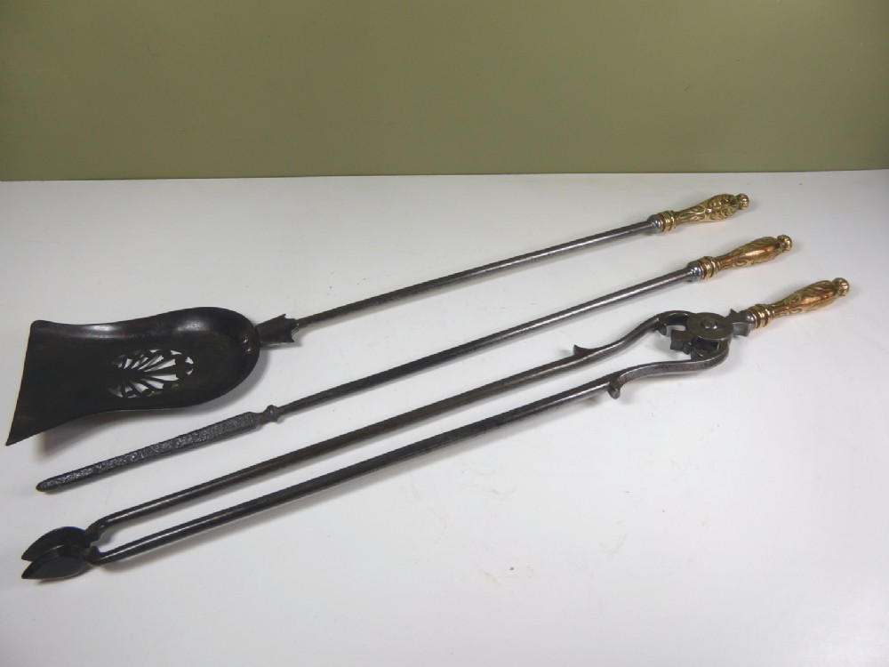 SET OF 19TH C STEEL & BRASS FIRE TOOLS